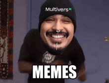 a man with a beard wearing a hat that says multiverse on it