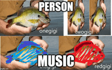 a person is holding a fish in their hands with the words person onegigi twogigi music redgigi
