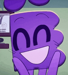 a purple cartoon character with a big smile on his face is holding his hands to his face .