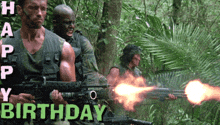 a group of soldiers are holding guns in the woods with the words happy birthday behind them