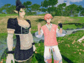 a man in a maid dress is standing next to a boy in a pink shirt
