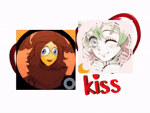 a picture of a cartoon character and a picture of a girl with the word kiss in the middle