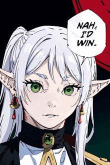 a drawing of a girl with white hair and green eyes says nah i 'd win in a speech bubble
