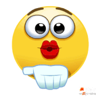 a yellow smiley face with red lips and a hand pointing