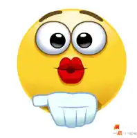 a yellow smiley face with red lips and a hand pointing