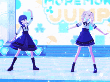two anime girls are dancing on a stage in front of a sign that says moremore jump