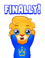 a cartoon character with a blue shirt and the word finally behind him
