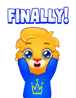 a cartoon character with a blue shirt and the word finally behind him