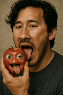 a man is sticking his tongue out while holding a red apple with a face on it