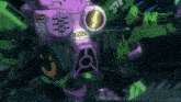 a green and purple robot with a purple gas mask