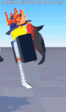 a cartoon character is getting kicked in the nuts with a fish behind him
