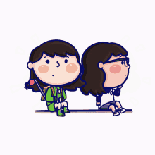 a cartoon drawing of two girls one wearing glasses and the other wearing a green outfit