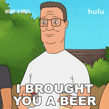 a cartoon of a man holding a can that says " i brought you a beer "