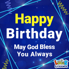 lucas and friends wishes a happy birthday with a blue background
