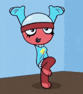 a cartoon character is wearing a blue sweater and a white headband