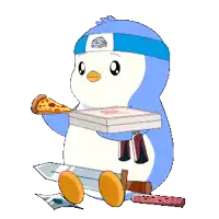 a cartoon penguin is holding a pizza box and a sword
