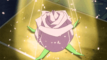 a purple rose with green leaves is hanging from a rope