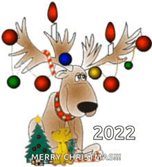 a cartoon reindeer with christmas decorations on its antlers is sitting next to a dog and a christmas tree .