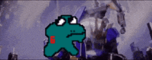 a pixel art of a frog with the letter g on its chest
