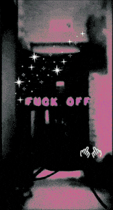 a purple background with a hand giving the middle finger and the words " fuck off "