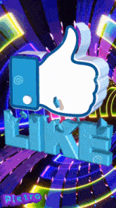 a colorful background with a thumbs up and the word like
