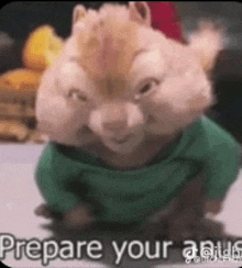 a close up of a chipmunk wearing a green sweater and smiling .