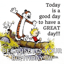 a cartoon of calvin and hobbes saying today is a good day to have a great day because it 's your birthday