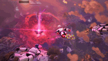 three astronauts are flying through the air in a video game with a purple background