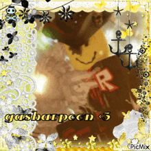 a picture of a person with a r on their shirt is surrounded by flowers and anchors