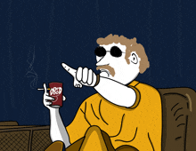 a cartoon of a man smoking a cigarette and holding a can of dr. pepper