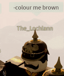 a cartoon character with a helmet and a speech bubble that says colour me brown
