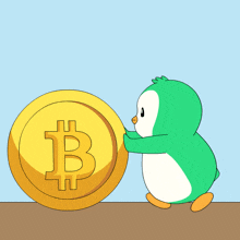 a green penguin pushes a gold coin with a b on it