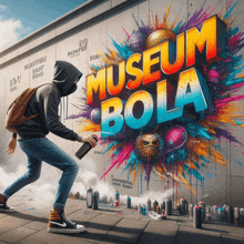 a man spray paints a wall with the words museum bola on it