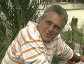 a man wearing glasses and an orange and white striped shirt looks at the camera