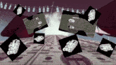 a bunch of black and white drawings of tanks are floating on top of a pile of money