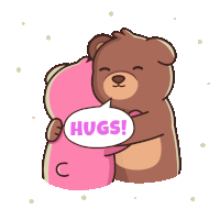 a cartoon of two teddy bears hugging with a speech bubble that says hugs