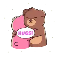 a cartoon of two teddy bears hugging with a speech bubble that says hugs