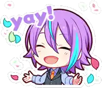 a cartoon of a girl with purple hair and blue streaks is smiling and says yay .