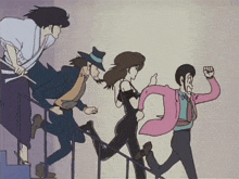 a group of cartoon characters are running down stairs together