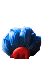 a cartoon character with blue hair wearing a red scarf