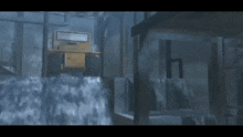 a yellow vehicle is driving through a waterfall with the letter h visible in the background