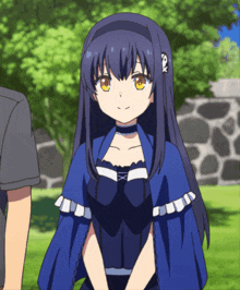a girl in a blue dress with yellow eyes is smiling