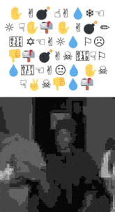 a black and white drawing of a person with emojis and the letter p in the bottom right corner