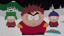 three south park characters are standing in the snow with trees in the background