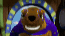 a cartoon bear is smiling in front of a purple circle
