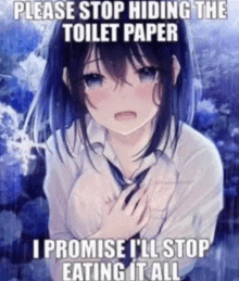 a picture of a girl with the caption please stop hiding the toilet paper