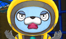 a cartoon character is wearing a yellow hooded jacket and gloves