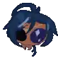 a pixel art drawing of a person 's head with blue hair and a hole in it .