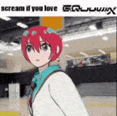 a girl with red hair is standing in front of a building and screaming if you love .