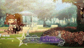 a couple of anime characters hugging in a park with a sign that says beth universe